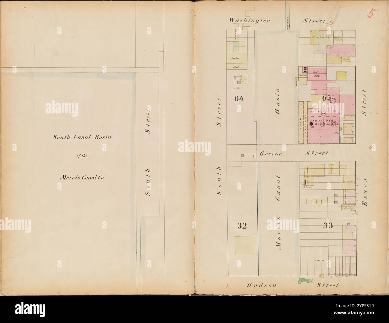 Jersey City, V. 1, Double Page Plate No. 5 [Mappa delimitata da Washington St., Essex St., Hudson St., South St.] 1866 Foto Stock