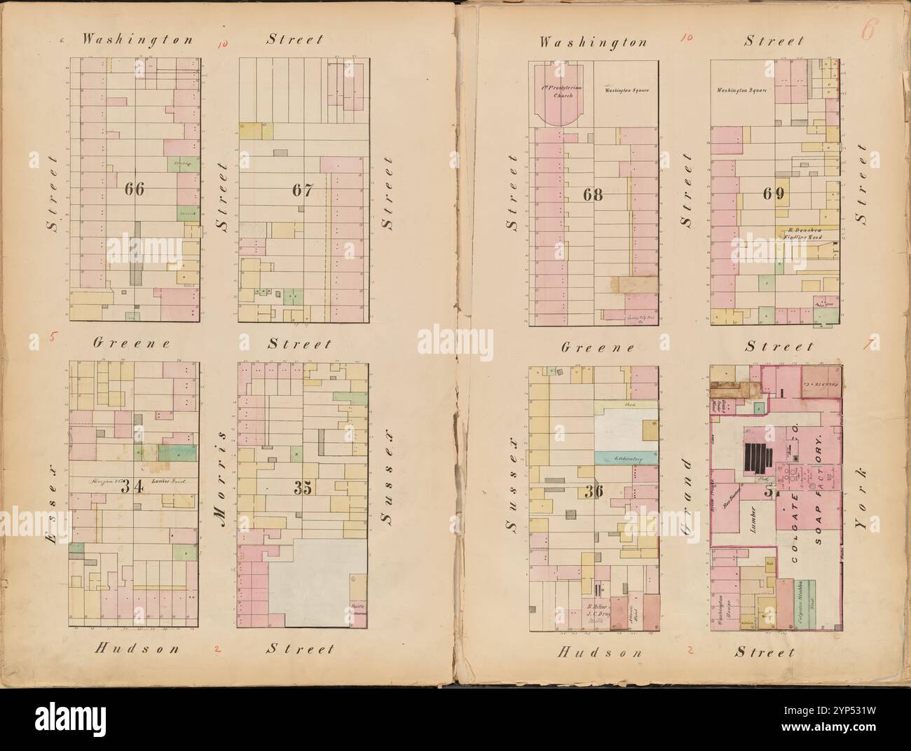 Jersey City, V. 1, Double Page Plate No. 6 [Mappa delimitata da Washington St., York St., Hudson St., Essex St.] 1866 Foto Stock