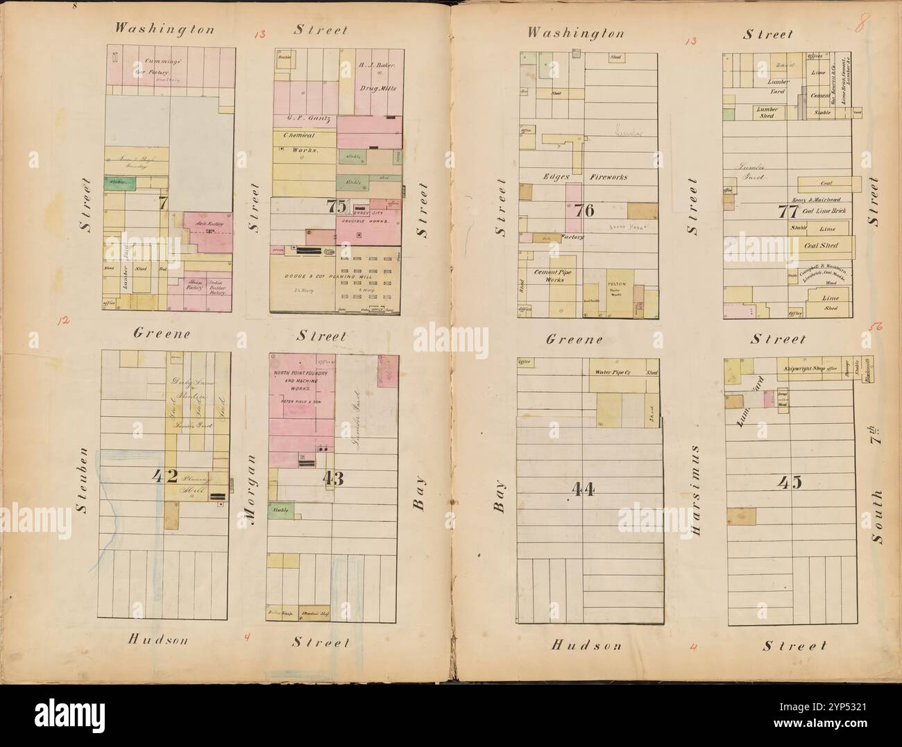 Jersey City, V. 1, Double Page Plate No. 8 [Mappa delimitata da Washington St., South St., Hudson St., Steuben St.] 1866 Foto Stock