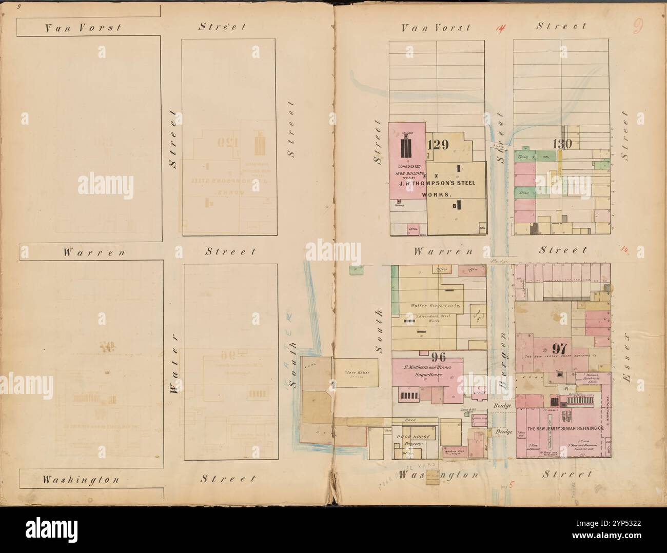 Jersey City, V. 1, Double Page Plate No. 9 [Mappa delimitata da Van Vorst St., Essex St., Washington St., Water St.] 1866 Foto Stock