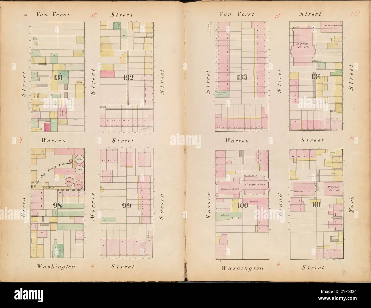 Jersey City, V. 1, Double Page Plate No. 10 [Mappa delimitata da Van Vorst St., York St., Washington St., Essex St.] 1866 Foto Stock