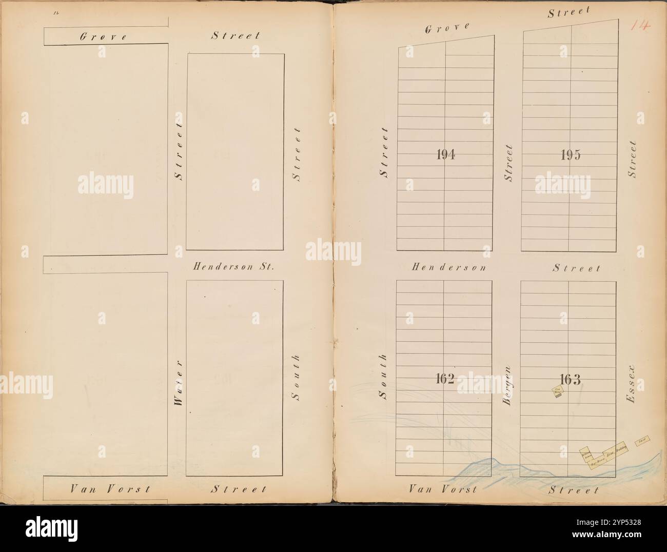 Jersey City, V. 1, Double Page Plate No. 14 [Mappa delimitata da Grove St., Essex St., Van Vorst St., Water St.] 1866 Foto Stock