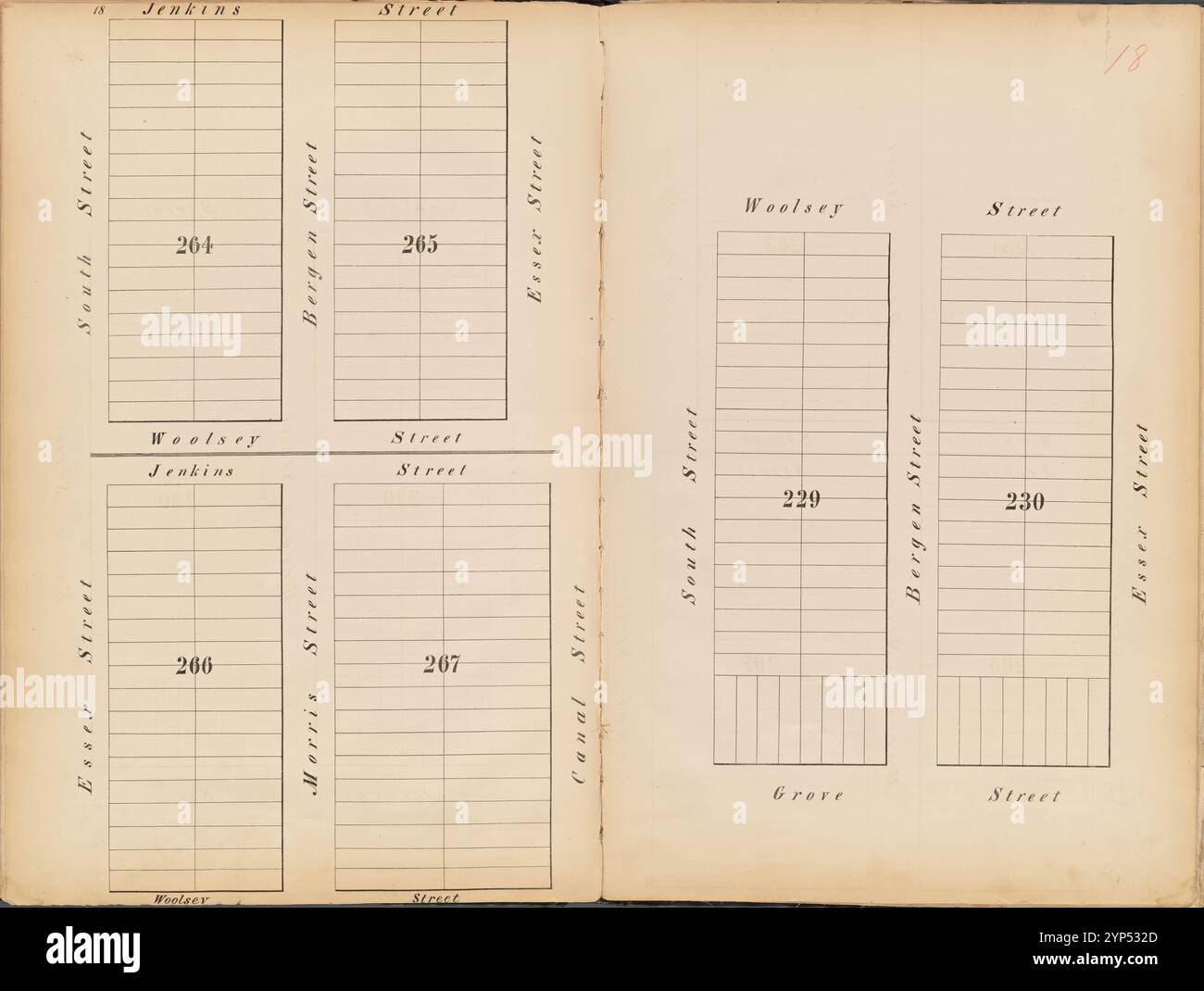 Jersey City, V. 1, Double Page Plate No. 18 [Mappa delimitata da Woolsey St., Essex St., Grove St., South St., Jenkins St.] 1866 Foto Stock