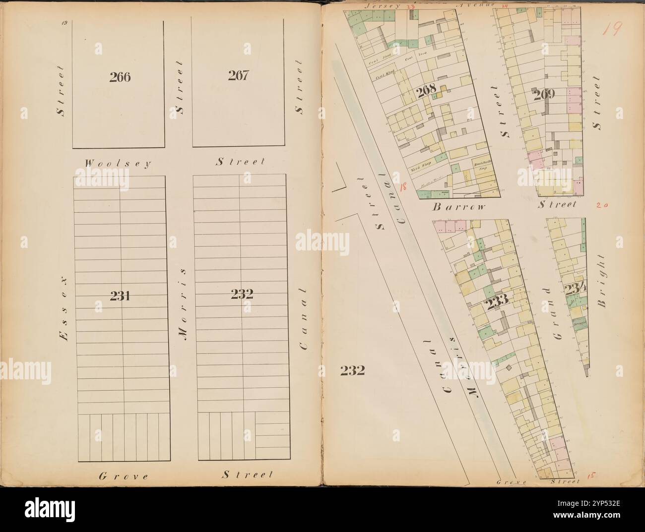 Jersey City, V. 1, Double Page Plate No. 19 [Mappa delimitata da Jersey Ave., Bright St., Grove St., Essex St.] 1866 Foto Stock
