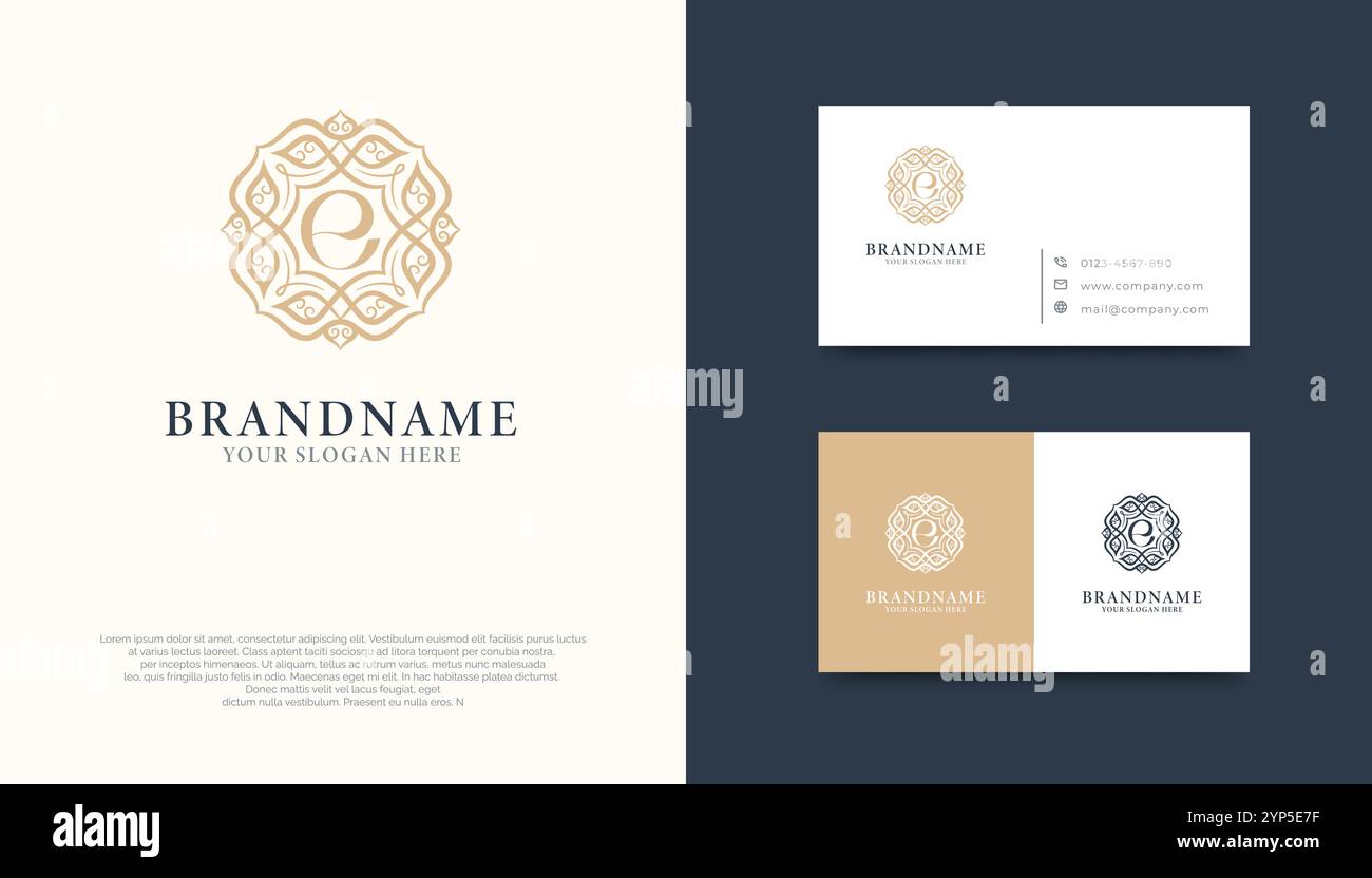 Logo monogramma di ispirazione vintage con la lettera "e" circondato da motivi decorativi che riflettono eleganza, raffinatezza e stile senza tempo. Illustrazione Vettoriale