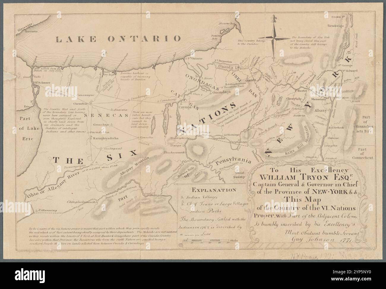 A sua eccellenza William Tryon Esqr., capitano generale e governatore in capo della provincia di New York & & &: Questa mappa del paese delle nazioni vi proprie, con parte delle colonie adiacenti è umilmente scritta 1851 da Johnson, Guy, circa 1740-1788 Foto Stock