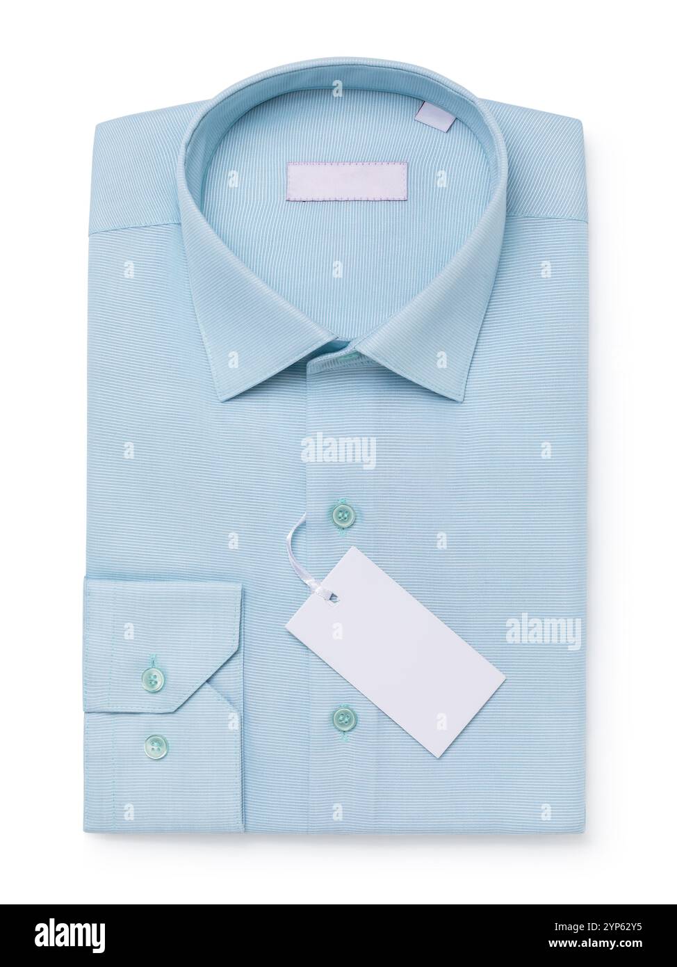 Vista dall'alto di una classica camicia a maniche lunghe in tonalità blu pastello isolata su sfondo bianco Foto Stock