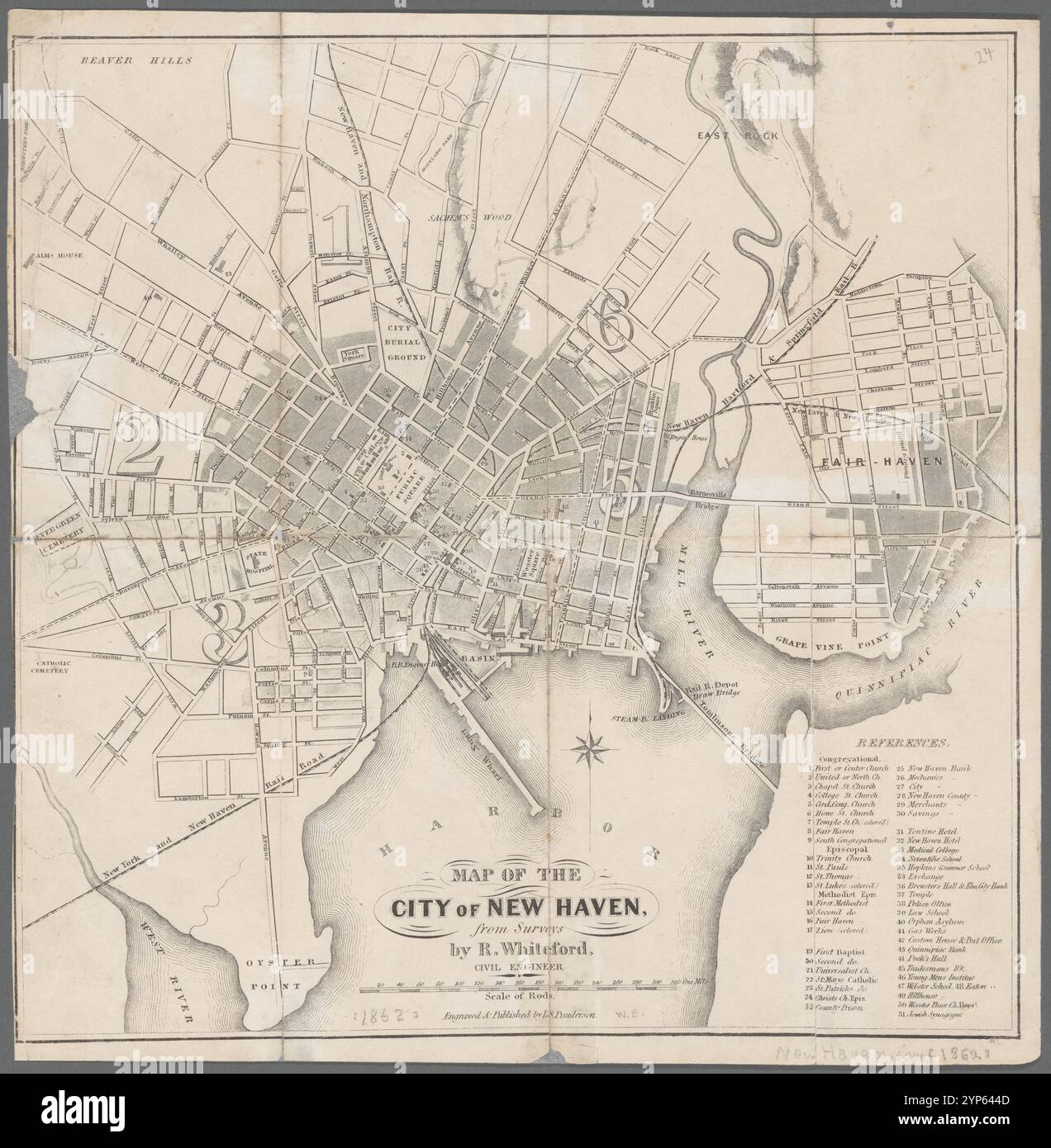 Mappa della città di New Haven: Da sondaggi 1862 Foto Stock