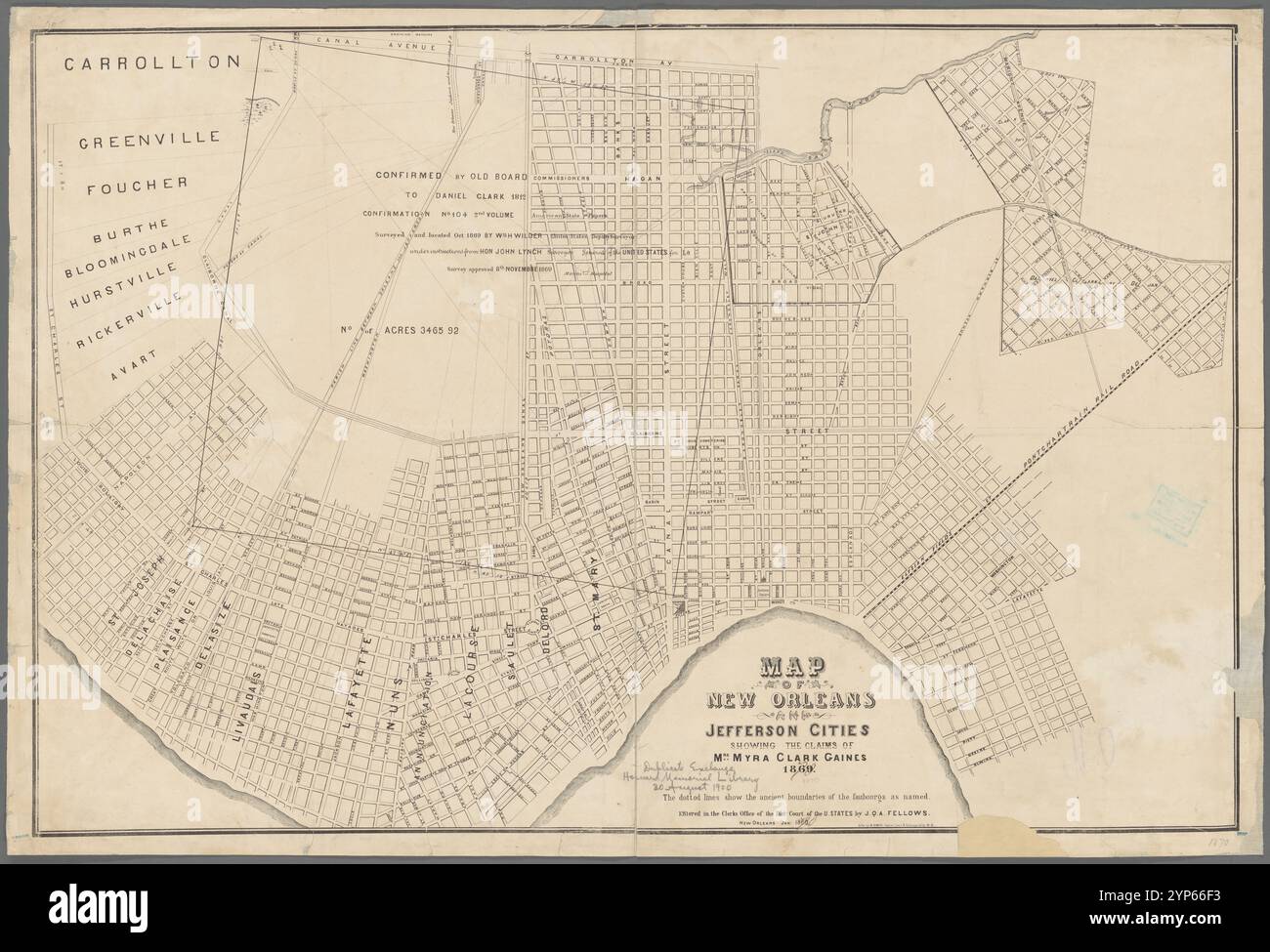 Mappa delle città di New Orleans e Jefferson che mostra le affermazioni della signora Myra Clark Gaines, 1869 1870 dagli Stati Uniti. Surveyor General per la Louisiana Foto Stock