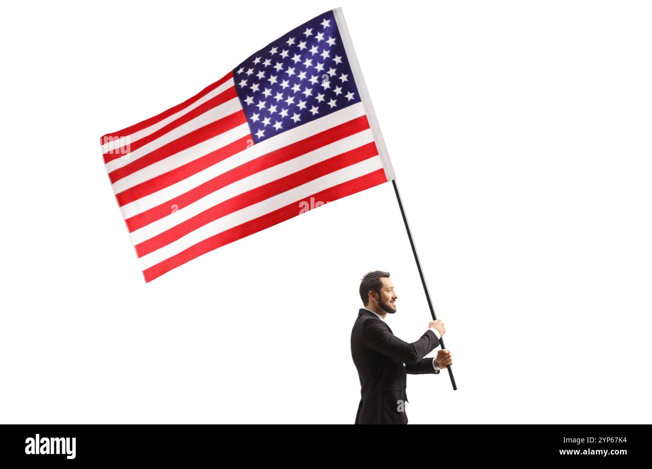 Uomo d'affari che sventolava la bandiera degli Stati Uniti isolata su sfondo bianco Foto Stock