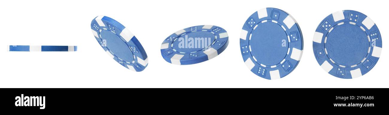 Chip blu del casinò isolato su bianco, collage Foto Stock