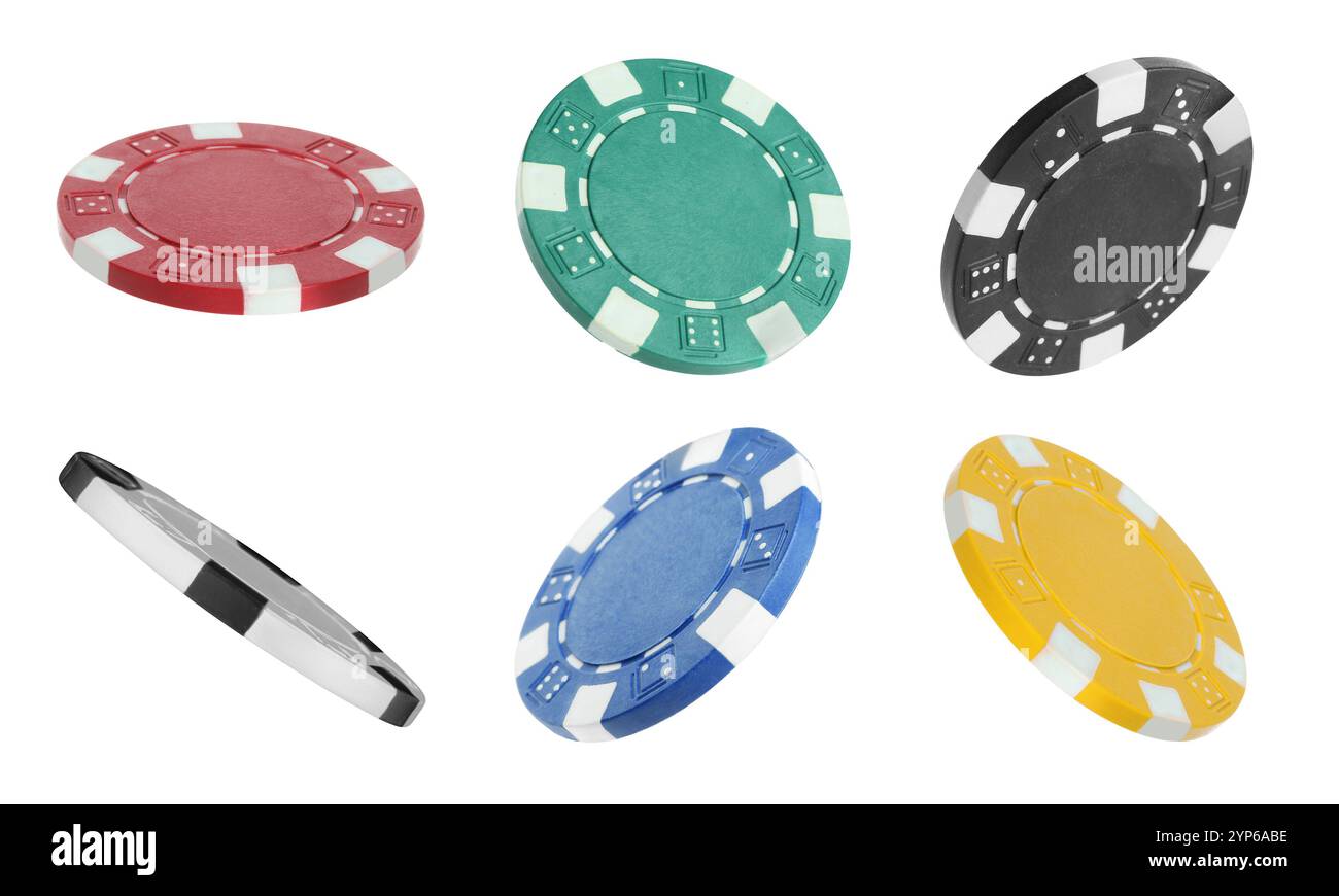 Diverse chip del casinò isolate su bianco, set Foto Stock