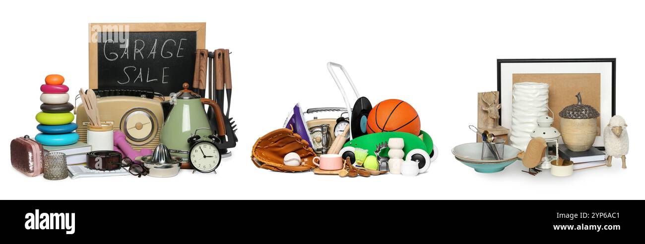 Vendita garage. Cose diverse isolate sul bianco, set Foto Stock
