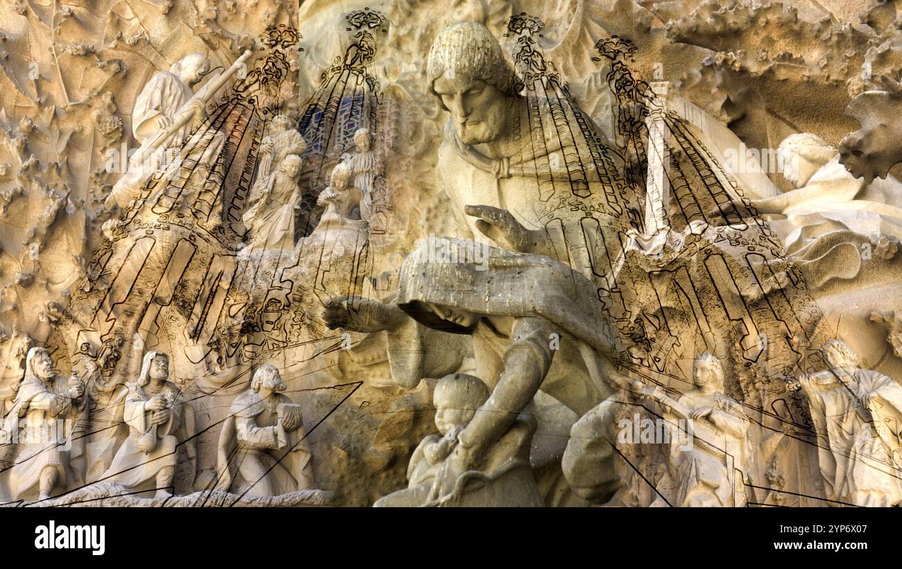 Sagrada Familia di Antoni Gaudí a Barcellona. Composizione di alcuni dettagli della facciata della Natività Foto Stock