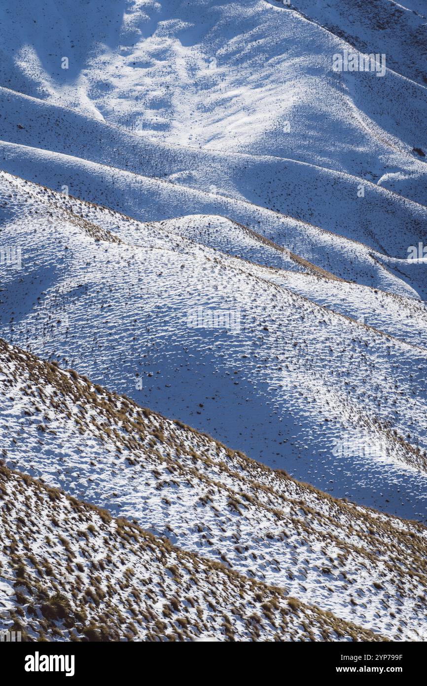 Primo piano dettagliato delle colline innevate e delle loro superfici, passo Lindis, nuova Zelanda, Oceania Foto Stock
