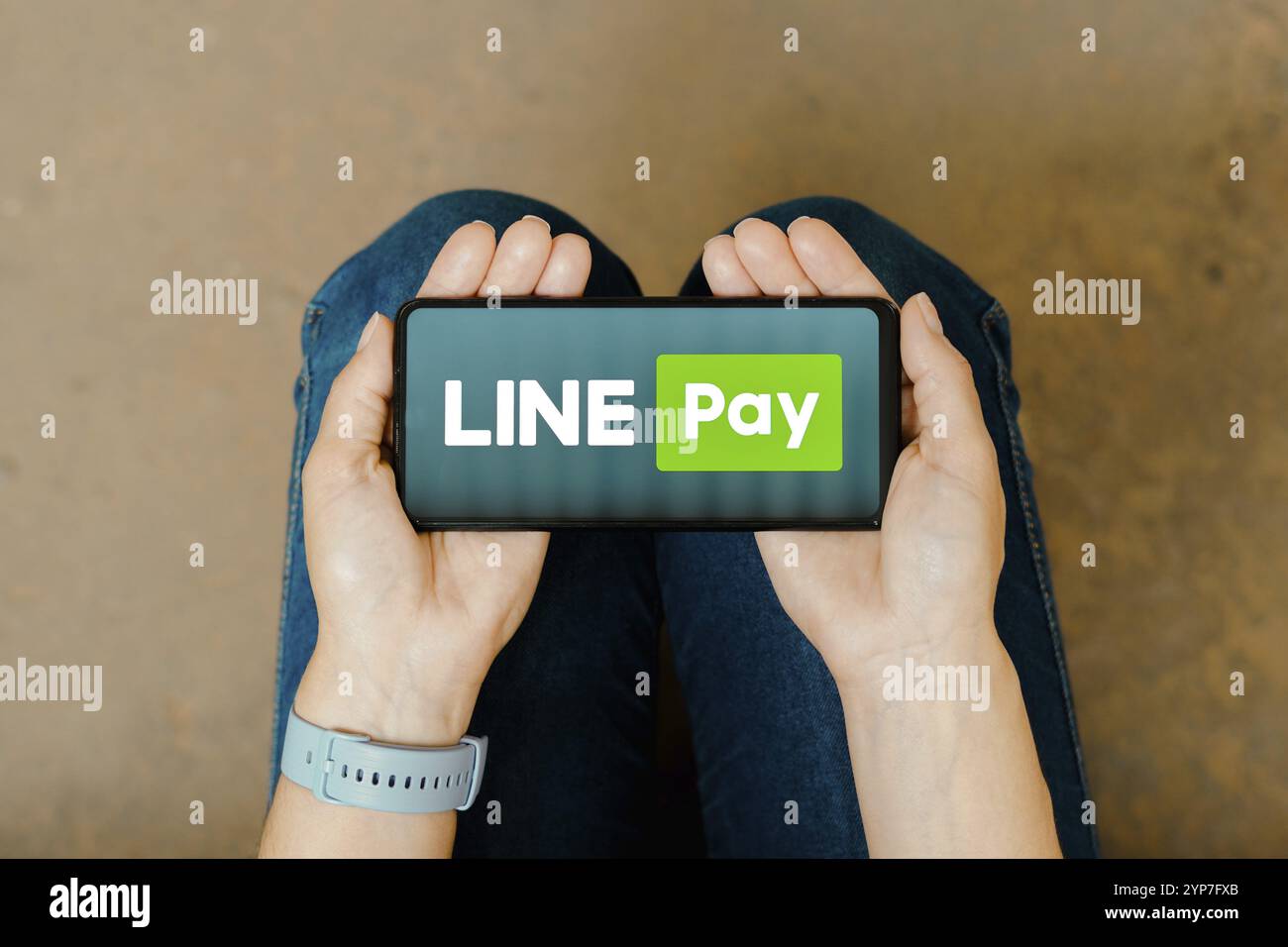 In questa immagine, il logo DELLA LINEA Pay viene visualizzato sullo schermo dello smartphone Foto Stock