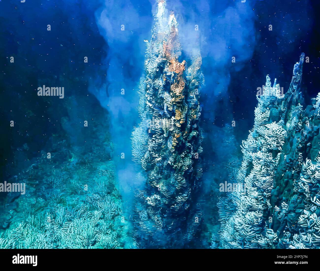 Diffusori idrotermali in acque profonde nel Pacifico centrale, esplorazione in acque profonde 2025. Attività minerarie di alto livello, vulcani oceanici profondi Foto Stock