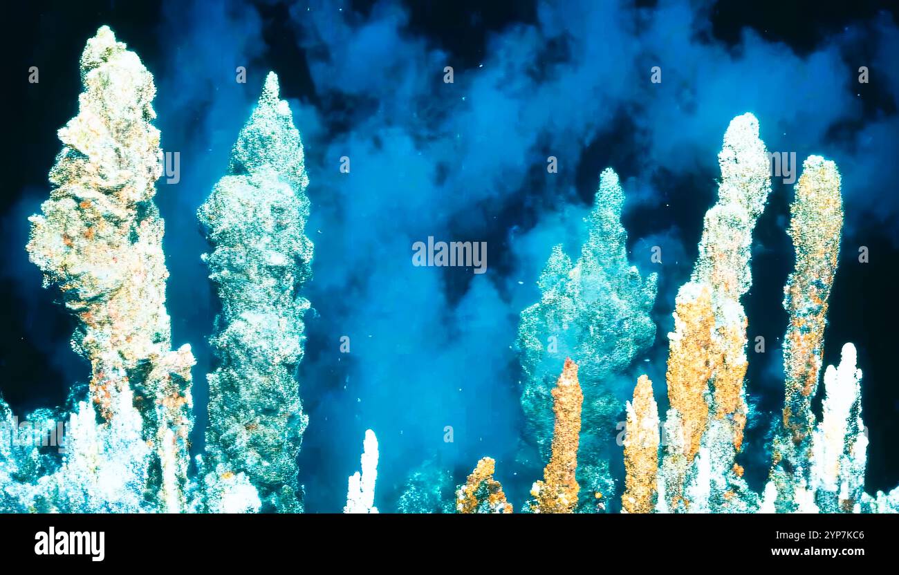 Diffusori idrotermali in acque profonde nel Pacifico centrale, esplorazione in acque profonde 2025. Attività minerarie di alto livello, vulcani oceanici profondi Foto Stock
