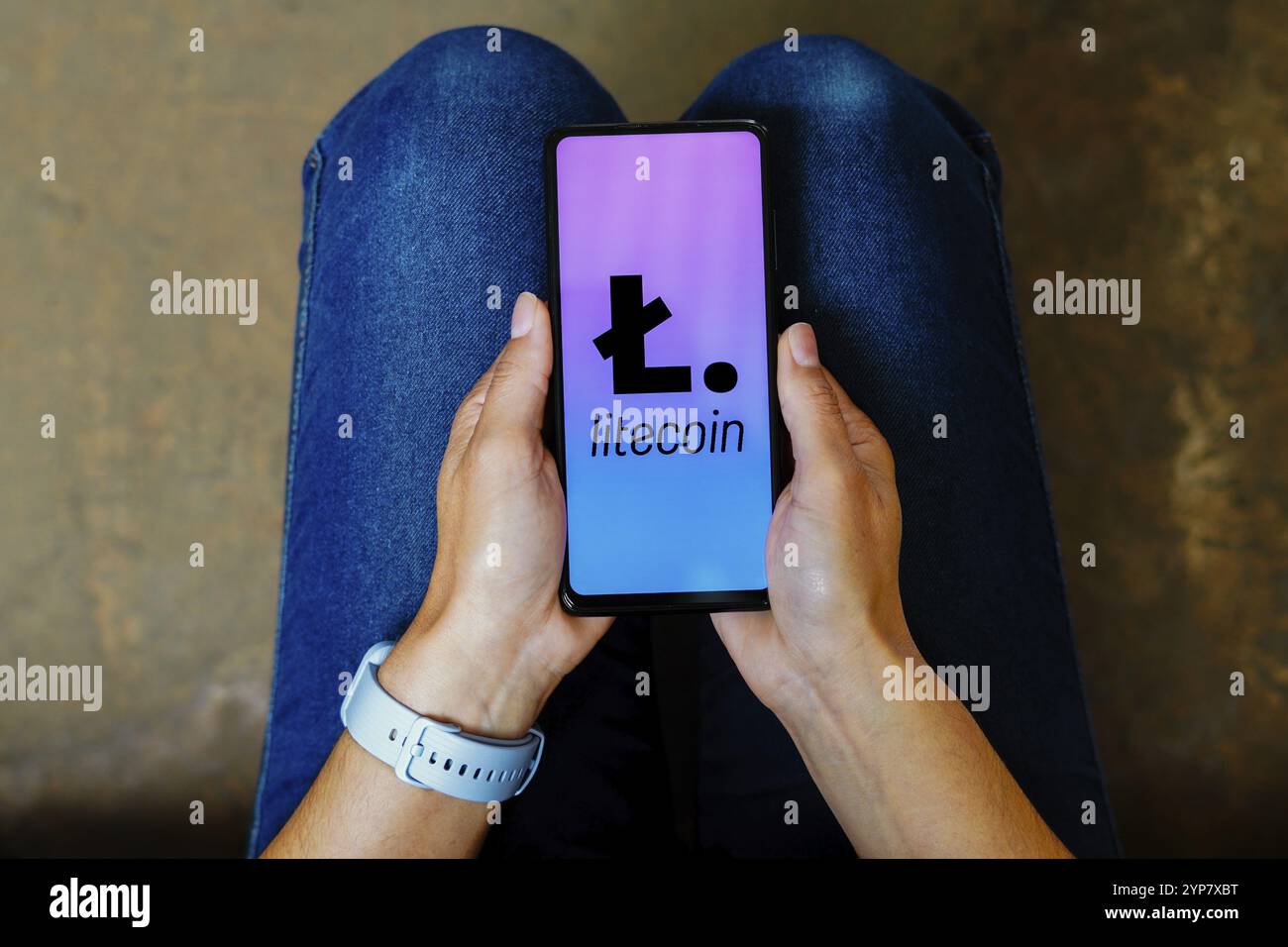 In questa immagine, il logo Litecoin viene visualizzato sullo schermo di uno smartphone Foto Stock