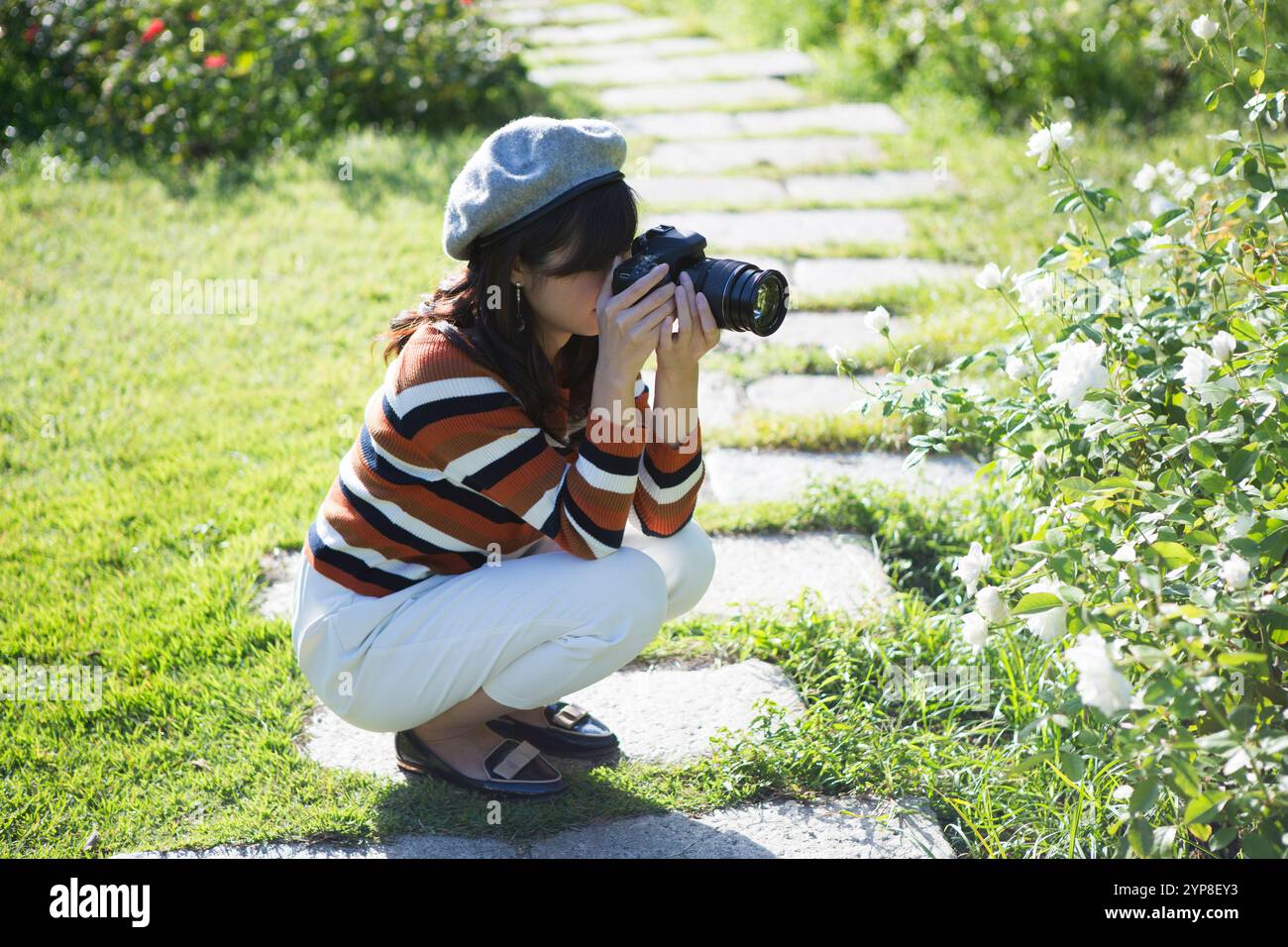 Donna che scatta foto di fiori nel parco Foto Stock