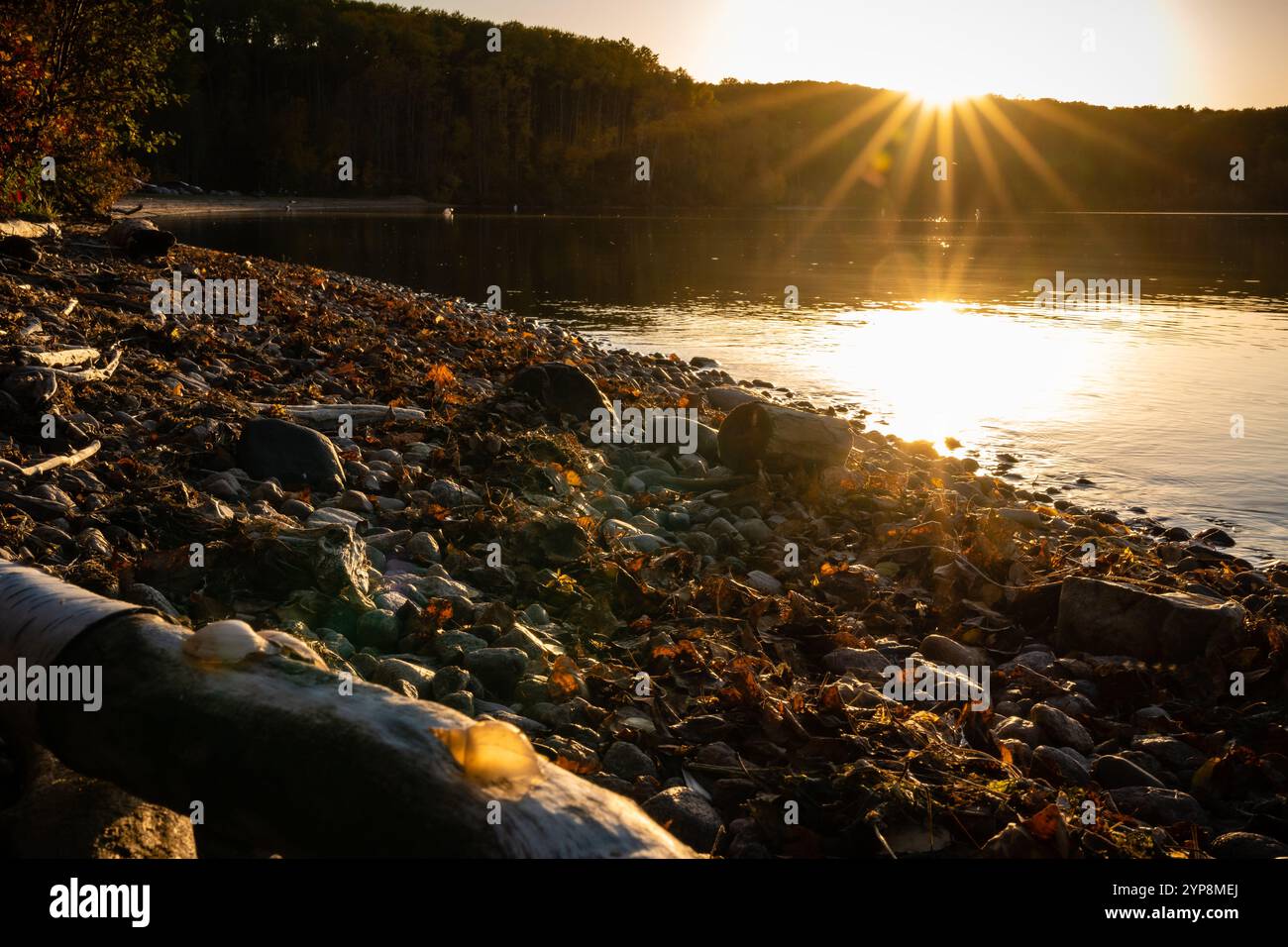 Una costa rocciosa con un corpo d'acqua sullo sfondo. Il sole sta tramontando, proiettando un caldo bagliore sulla scena Foto Stock