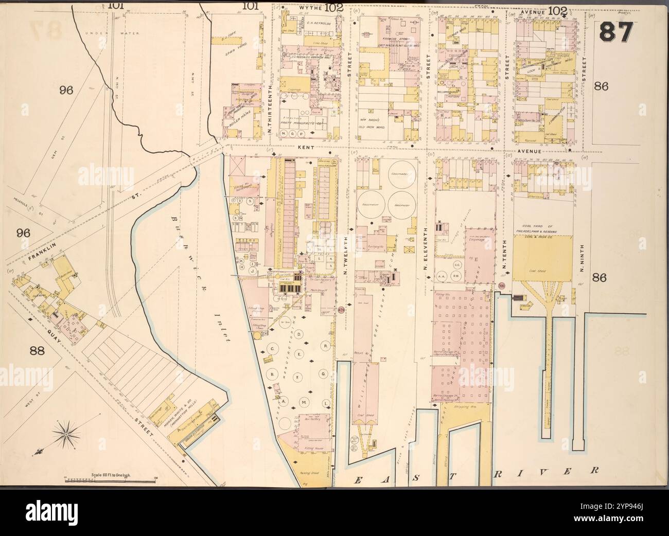 Brooklyn V. 4, Double Page Plate No.87 [Mappa delimitata da Wythe Ave., N. 9th St., East River, Quay St., Franklin St.] 1884 - 1936 Foto Stock