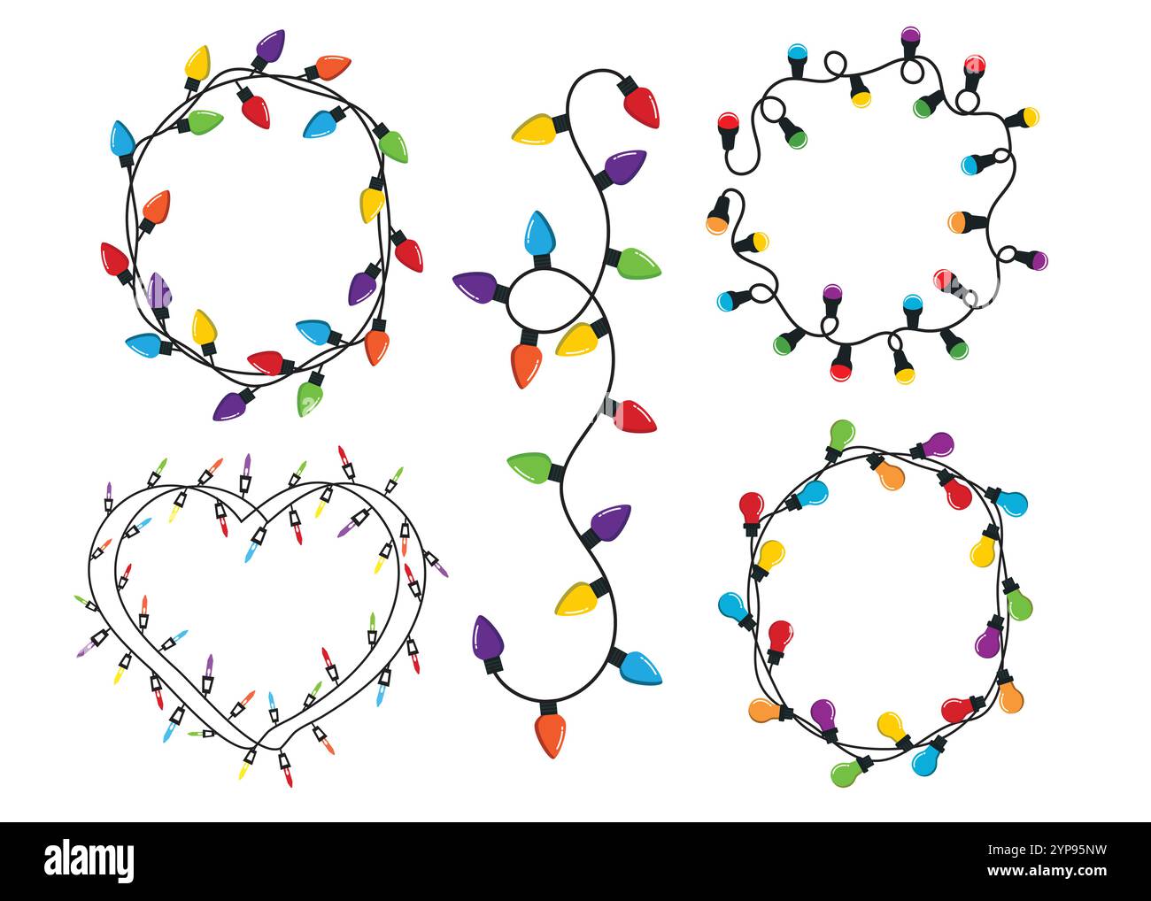 Grande set di luci di Natale. Luce colorata a corde. Lampadina che illumina la linea garland. Forma diversa. Decorazioni natalizie cartoni animati. Illustrazione Vettoriale