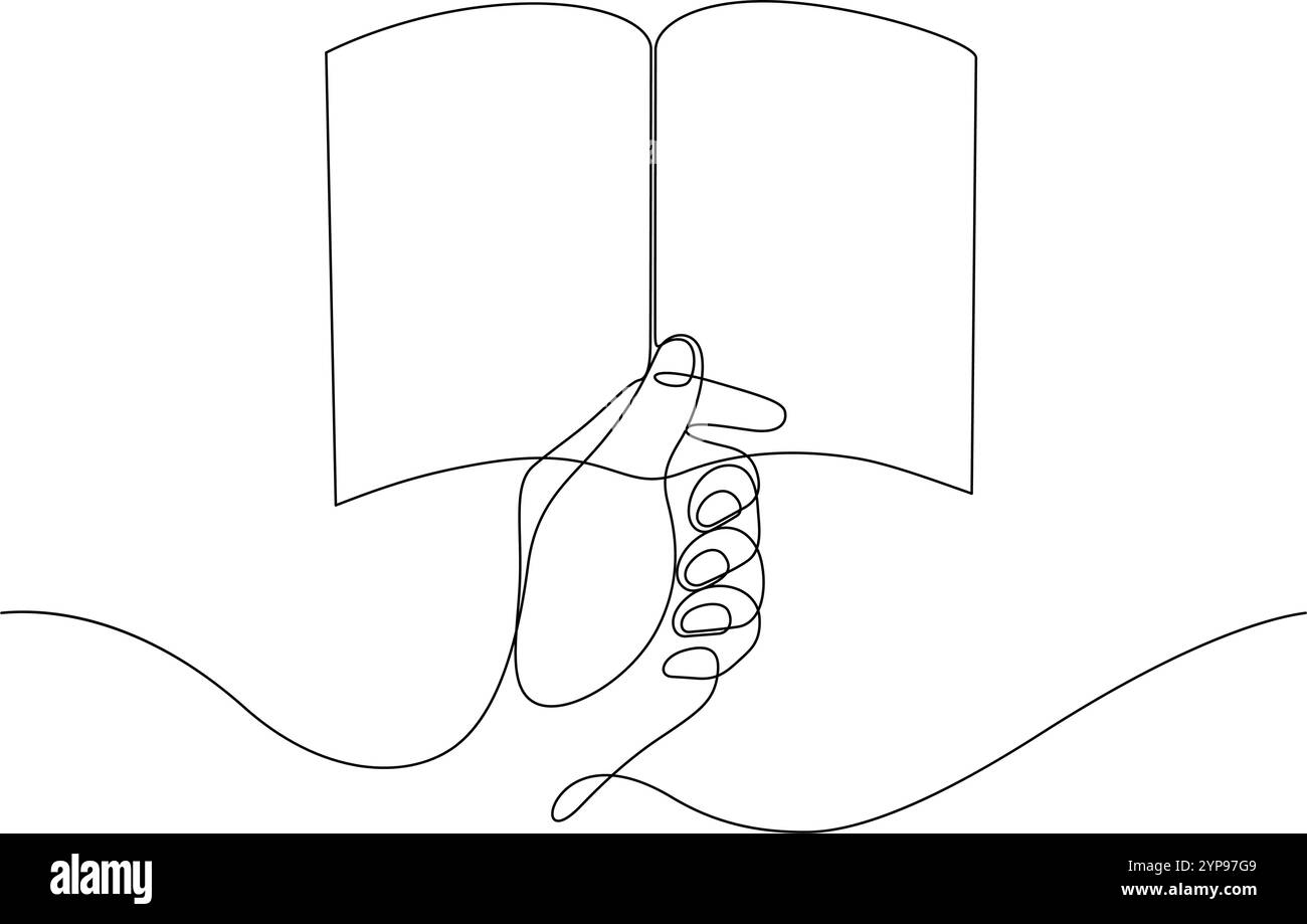 mano che tiene in mano un libro aperto che legge una linea continua disegnando arte minimalista Illustrazione Vettoriale
