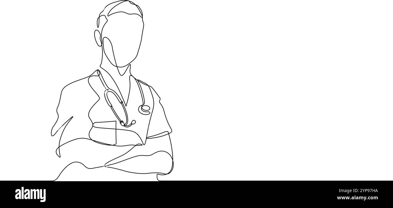 medico medico ha incrociato le braccia in una linea disegnando in continuo. consulenza sanitaria medica arte minimalista e spazio di copia Illustrazione Vettoriale