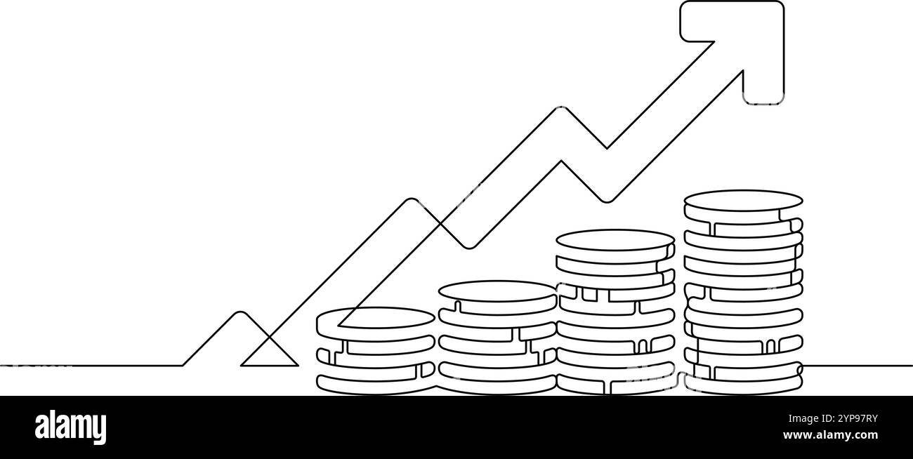 le monete accumulano ricchezza e risparmio di crescita e concetto di investimento continuo a una riga Illustrazione Vettoriale