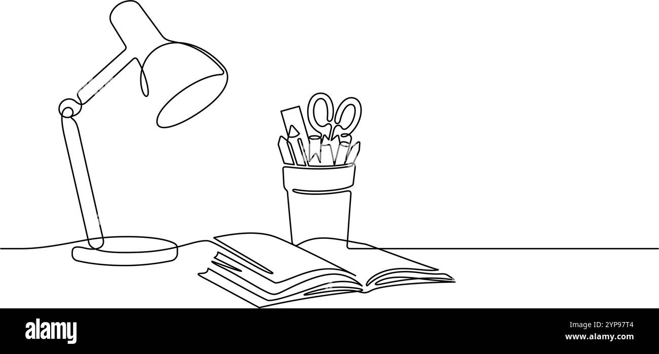 libro di apertura, lampada e portamatite organiser scrivania da lavoro disegno su una linea illustrazione vettoriale arte minimalista concetto di ritorno a scuola Illustrazione Vettoriale