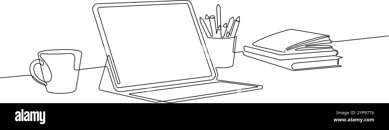 computer tablet digitale con custodia per tastiera su scrivania e tazza da caffè, libri, portamatite una linea che disegna illustrazioni artistiche minimaliste Illustrazione Vettoriale