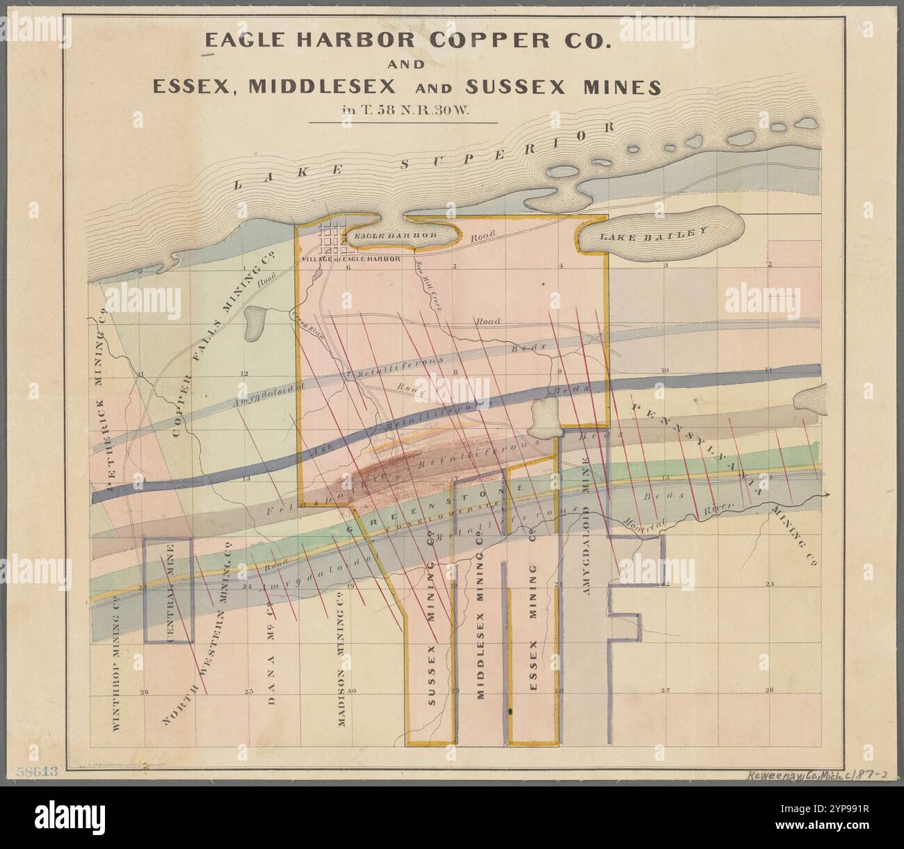 Eagle Harbor Copper Co, e le miniere di Essex, Middlesex e Sussex, in T 58 N. R. 30 W. 1870 - 1879 Foto Stock