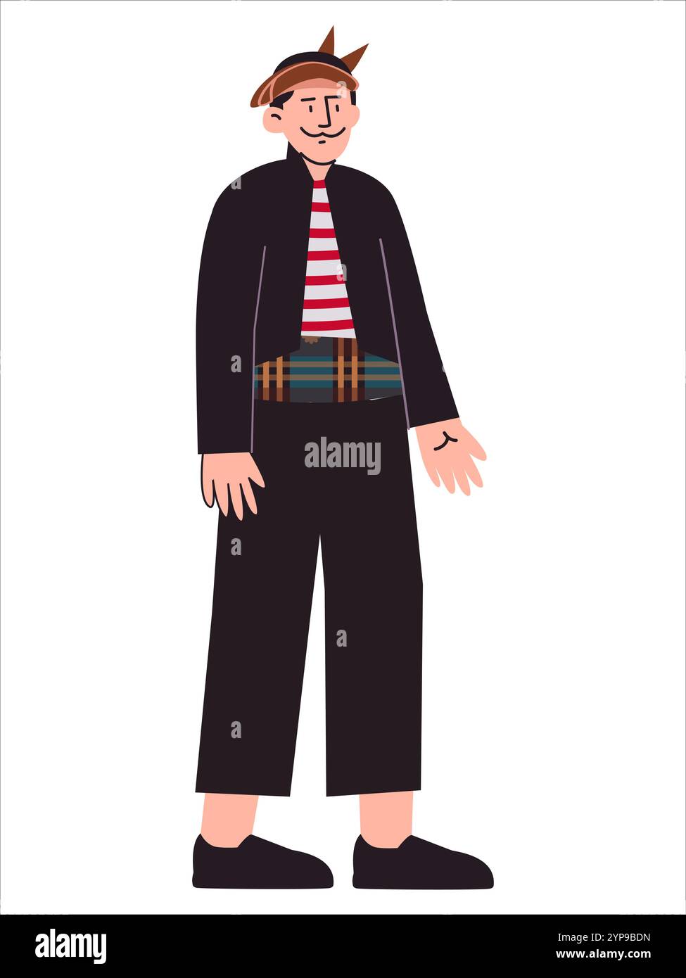 Madura abbigliamento tradizionale Giava Est Indonesia abbigliamento culturale tradizione Giavanese abiti copricapo sarung strip shirt vestito nero set icona design Illustrazione Vettoriale