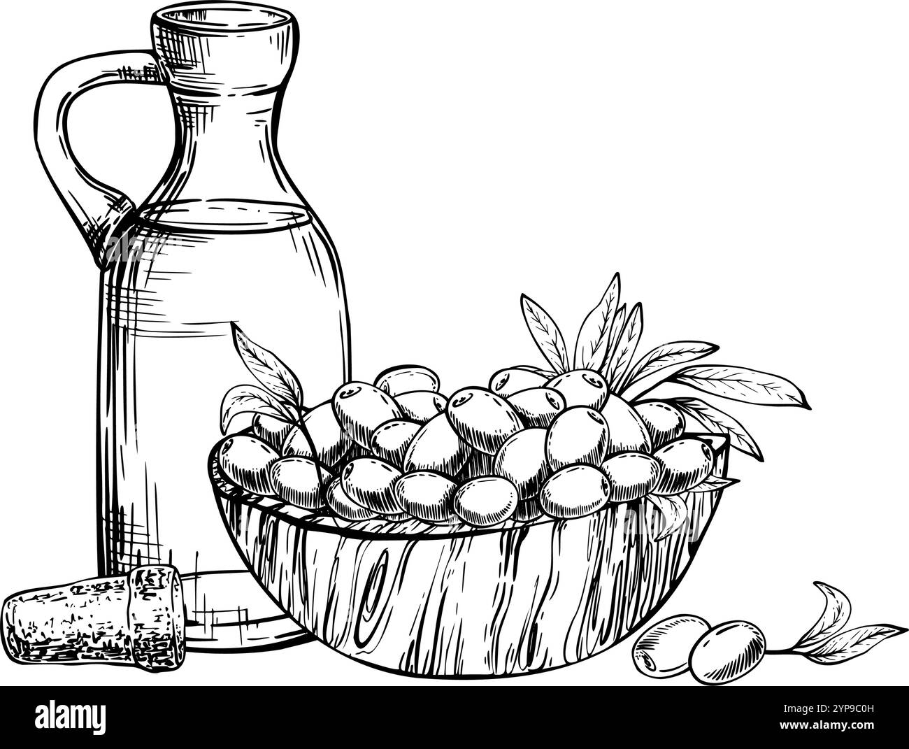 Bottiglia di vetro con olio d'oliva con sughero e una ciotola di legno con frutti di oliva e foglie. Illustrazione vettoriale. Caraffa con salsa alimentare. Grafica della linea di inchiostro Illustrazione Vettoriale