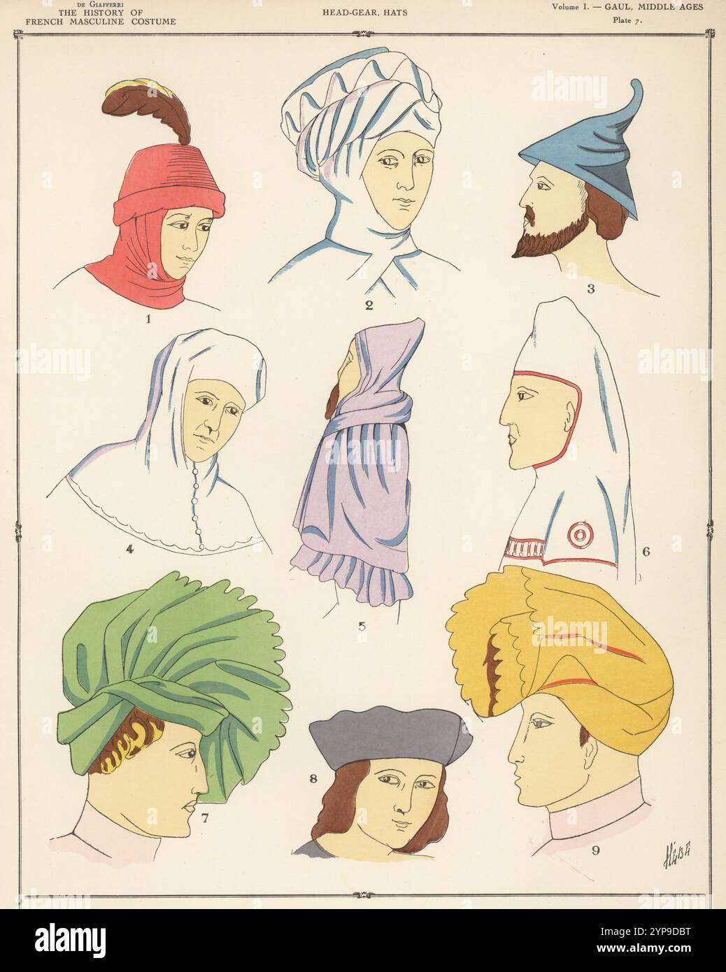 Abbigliamento da uomo e cappelli dei Galli nel Medioevo. Cappello con pennarello di struzzo 1, turbante di Moro 2, cappello a punta del IX secolo 3, cappuccio con bottoni 4, Gallia a capo illirico e cappuccio 5, bardocucullus o mantello con cappuccio 6, chaperon veronese del XIV secolo 7, cappello nobiluomo 8 e copricapo persiano Lac 9. Pocoro (stencil) a mano litografia di Hébé dalla storia del costume maschile francese di Paul Louis de Giafferri dal 420 al 1870, Foreign Publications, New York, 1927. Foto Stock