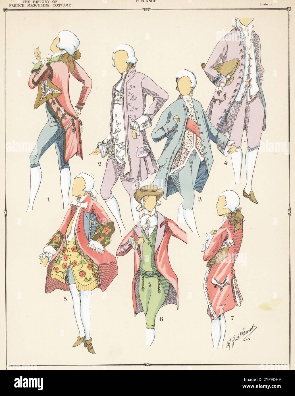 L'eleganza degli uomini nell'era di Luigi XVI di Francia. FOP in rosa abitudine 1, abitudine ricamata in malva 2, costume da corte 3, costume in malva 4, costume da finanziere 5, abitudine smart fop 6 e costume da corte del nobile 7. Pocoro (stencil) a mano litografia di M. Guillemot dalla storia del costume maschile francese di Paul Louis de Giafferri dal 420 al 1870, Foreign Publications, New York, 1927. Foto Stock