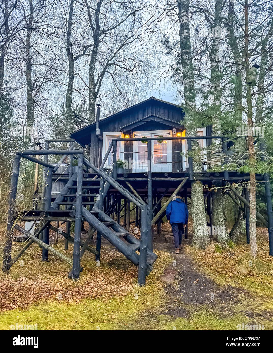 Treehouse, casa di legno con maschio in giacca invernale blu . Foto di alta qualità Foto Stock