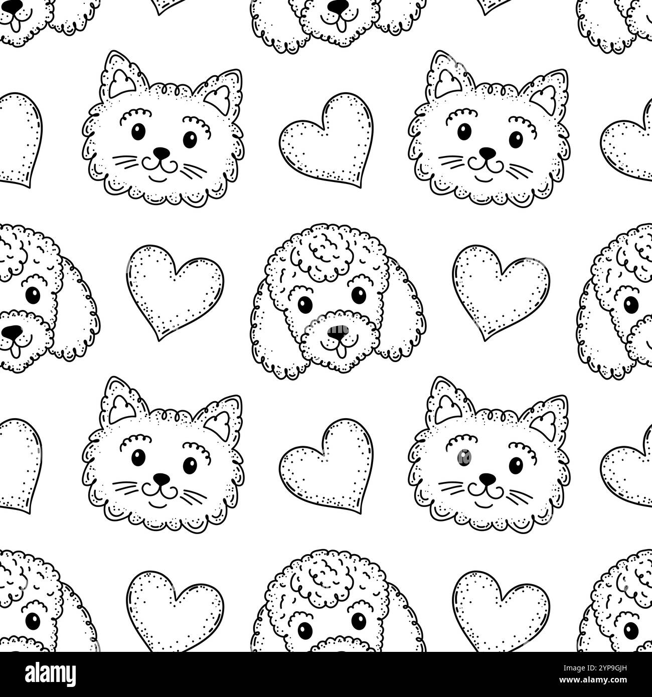 Modello a scarabocchio senza cuciture con facce di cane e gatto Illustrazione Vettoriale