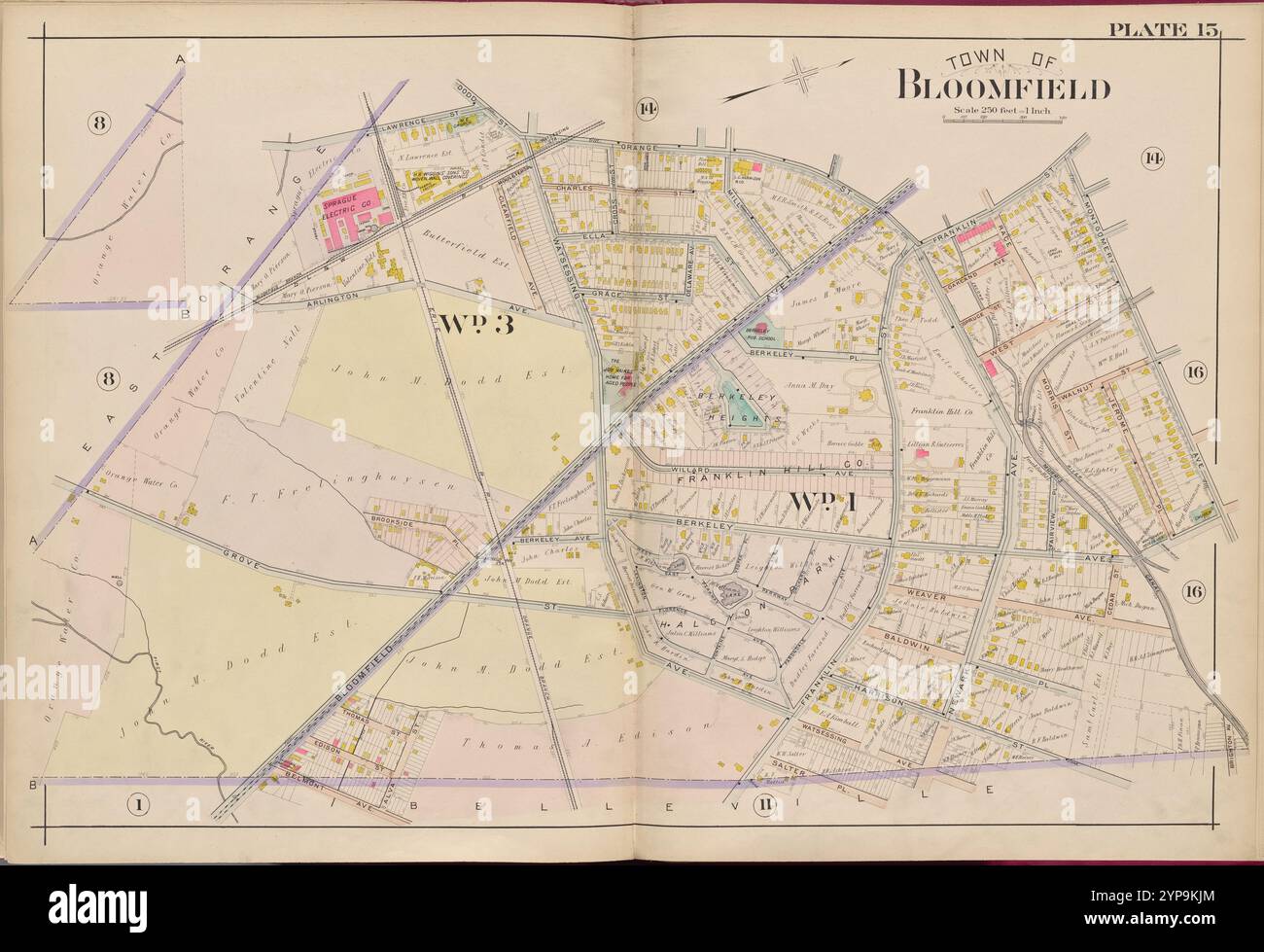 Essex County, V. 3, Double Page Plate No. 15 [Mappa della città di Bloomfield] 1906 di A.H. Mueller (editore) Foto Stock