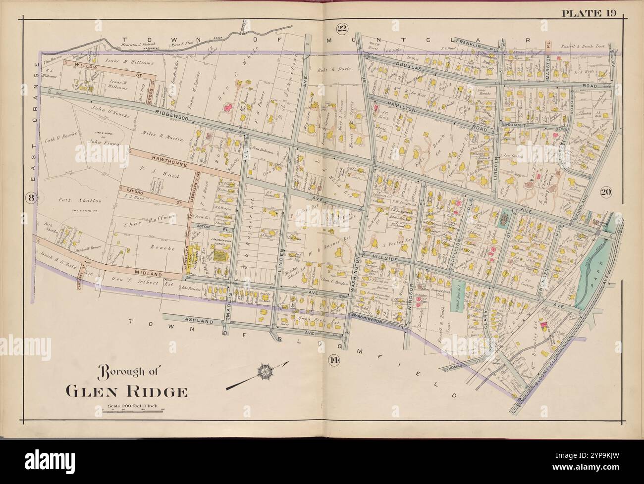Essex County, V. 3, Double Page Plate No. 19 [Mappa delimitata da Franklin PL., Woodland Ave., Bloomfield Ave., Washington PL., Ashland Ave.] 1906 di A.H. Mueller (editore) Foto Stock