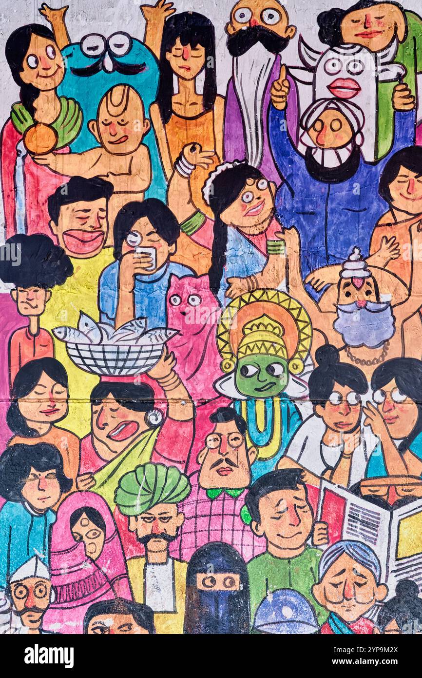 Un murale al Chhatrapati Shivaji Maharaj Terminus, Mumbai, India, raffigurante volti della popolazione indiana e della diversità etnica e culturale dell'India Foto Stock