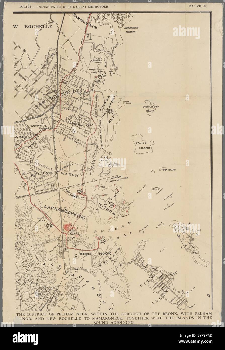 Il distretto di Pelham Neck, all'interno del borough del Bronx, con Pelham Manor, e New Rochelle a Mamaroneck, insieme alle isole nel suono adiacente, Map VII B 1912 di A.R. Ohman Map Co.. Foto Stock