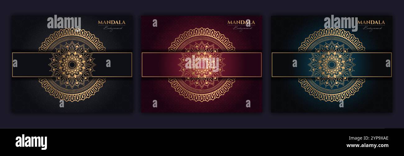 Set di modello vettoriale per sfondo mandala di lusso in oro astratto, motivo arabesco ornamentale circolare per poster, copertina, brochure, volantino. Rosso, verde, Illustrazione Vettoriale Set di modello vettoriale per sfondo mandala di lusso in oro astratto, motivo arabesco ornamentale circolare per poster, copertina, brochure, volantino. Rosso, verde, Illustrazione Vettoriale