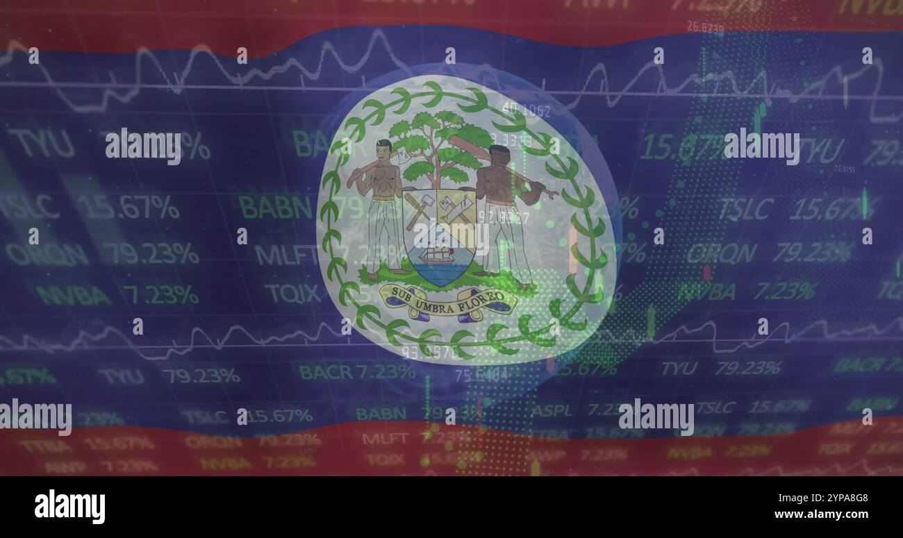 Immagine di flag del belize sopra grafici ed elaborazione dei dati finanziari Foto Stock