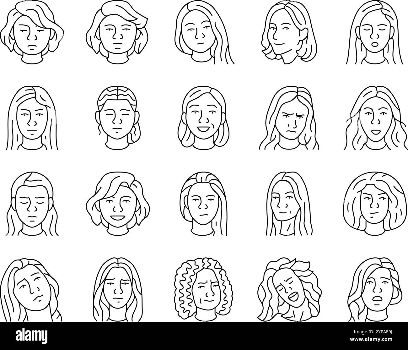 le icone del sorriso femminile dell'espressione facciale impostano il vettore Illustrazione Vettoriale