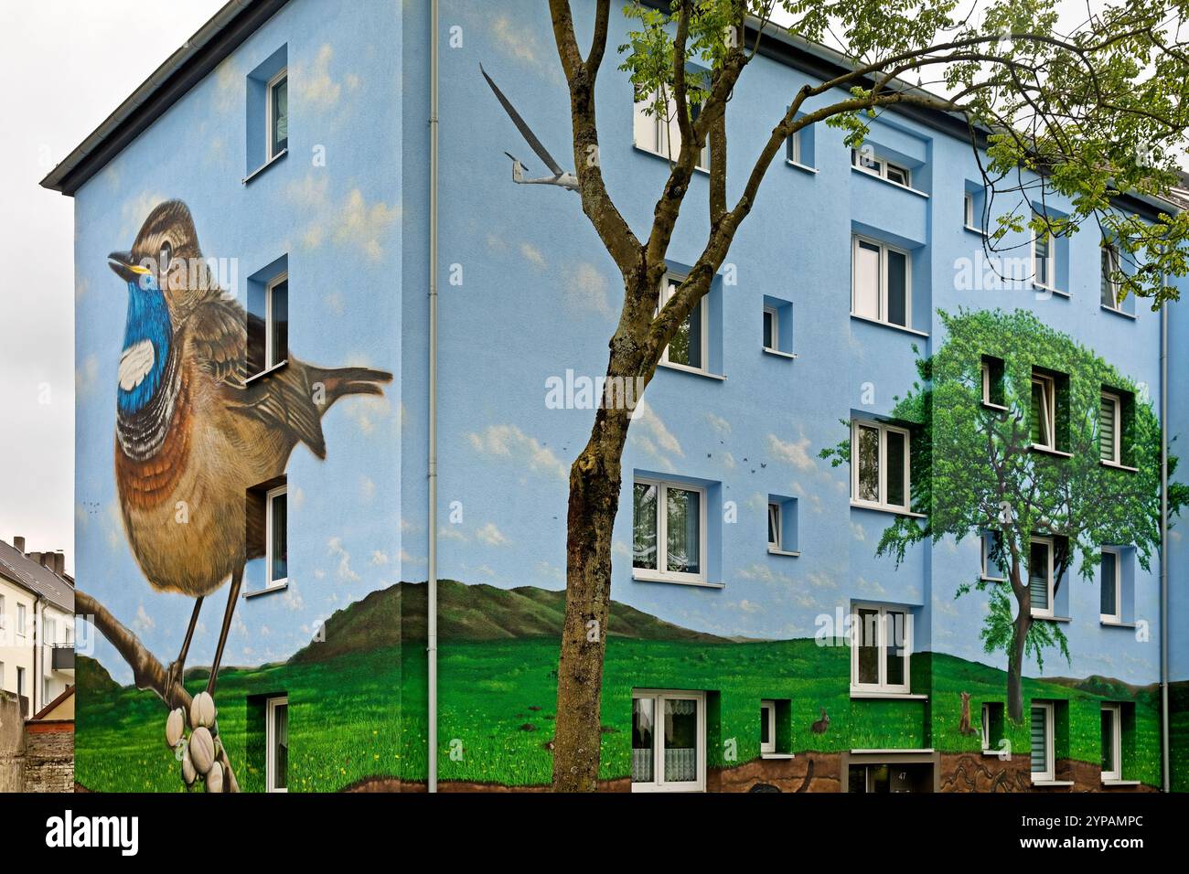 Bluethroat con macchie bianche (Luscinia svecica cyanecula), edificio residenziale con un bluethroat e un albero come murale dopo una ristrutturazione efficiente dal punto di vista energetico Foto Stock