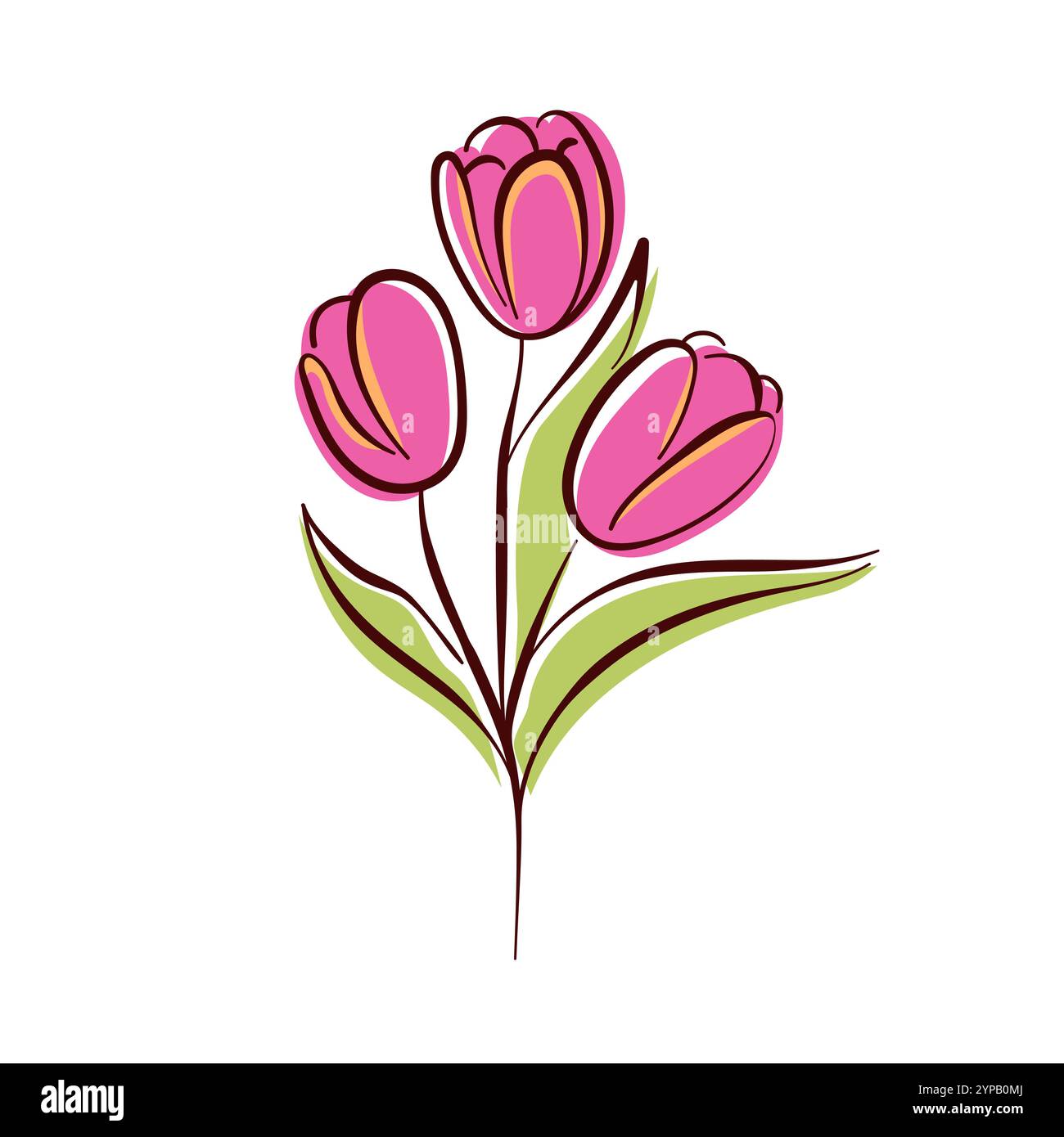 Fiore di tulipani con petali rosa in semplice stile piatto, ideale per il tema primaverile, l'illustrazione botanica, l'arte floreale e il progetto di design. Isolato su bianco Illustrazione Vettoriale