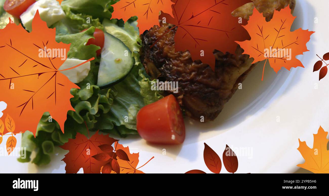 Immagine della cornice con foglie cadenti sulla carne e insalata Foto Stock Immagine della cornice con foglie cadenti sulla carne e insalata Foto Stock