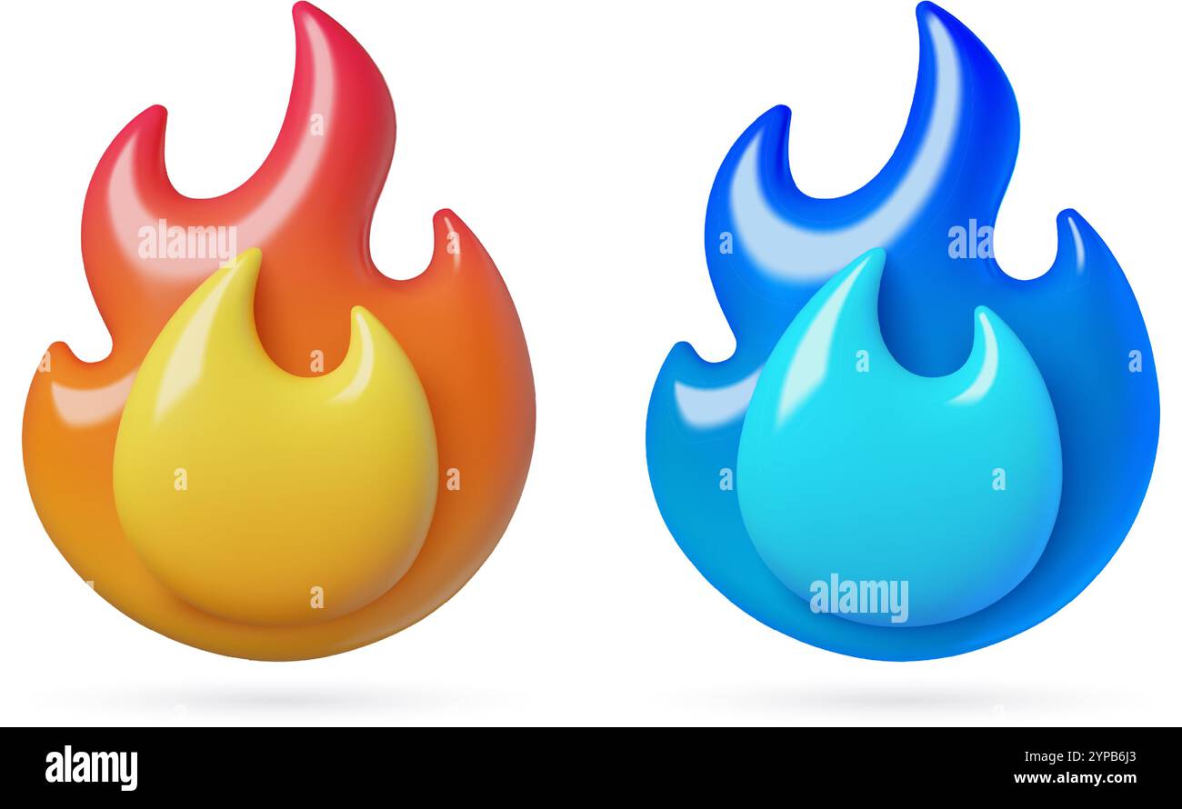 Icone 3d con fiamma rossa e blu. Gas combustibile ed emoji antincendio. Elementi vettoriali tridimensionali isolati su sfondo bianco. Illustrazione Vettoriale